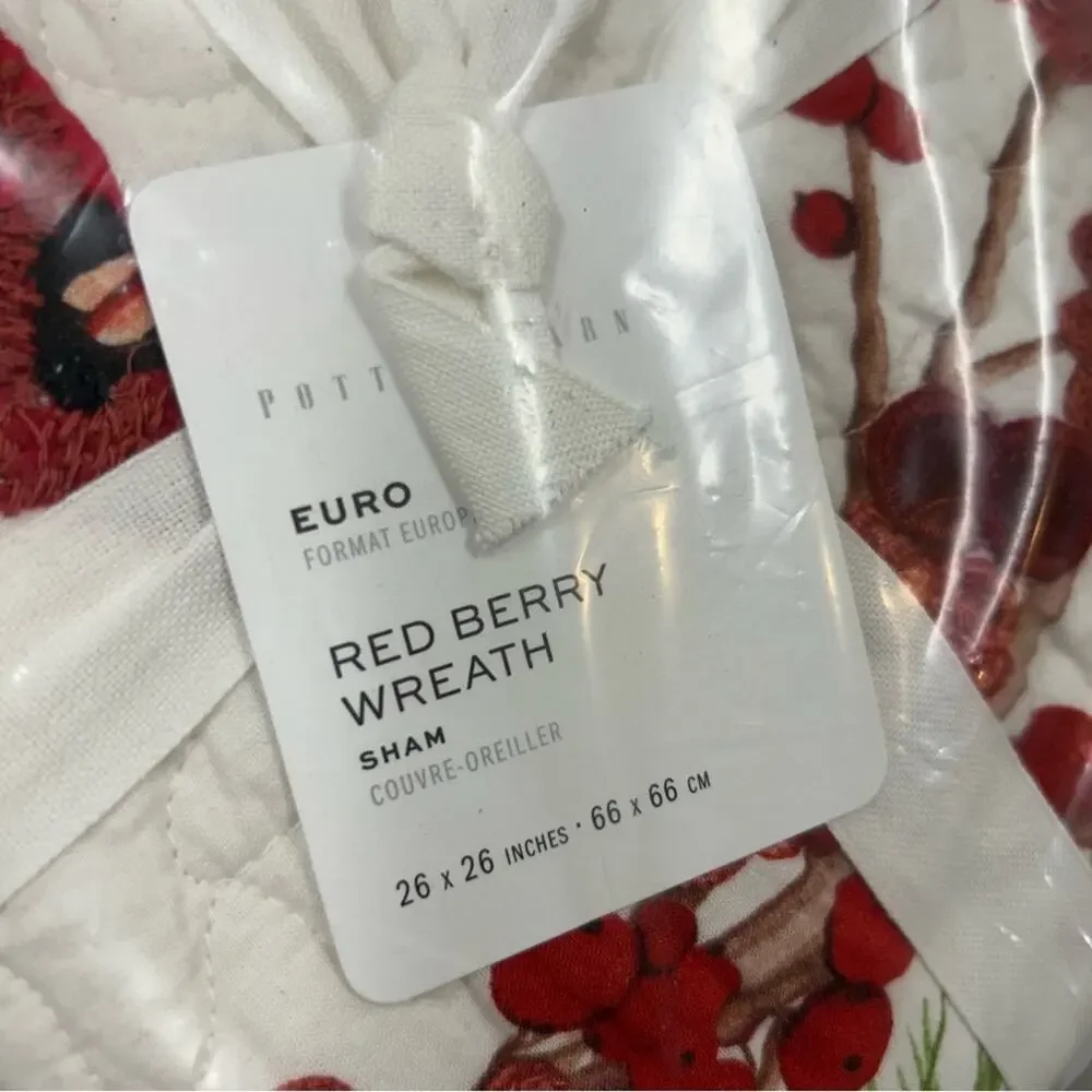 Pottery Barn Red Berry Wreath Quilted Sham Cardinal Bird EURO Embroidered NWT